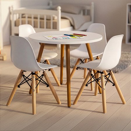 Mesa Infantil Branca 60cm + 4 Cadeiras Eiffel Brancas