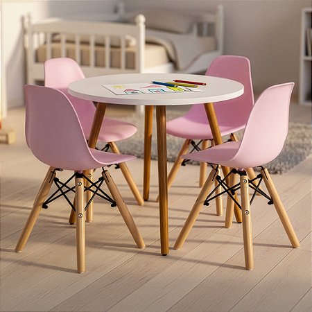 Mesa Infantil Branca 60cm + 4 Cadeiras Eiffel Rosa
