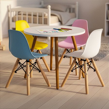 Mesa Infantil Branca 60cm + 4 Cadeiras Eiffel Colorido