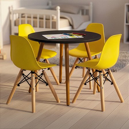 Mesa Infantil Preta 60cm + 4 Cadeiras Eiffel Amarelas