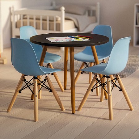 Mesa Infantil Preta 60cm + 4 Cadeiras Eiffel Azul