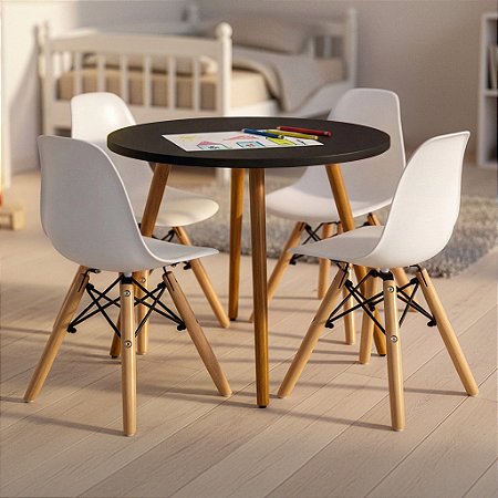 Mesa Infantil Preta 60cm + 4 Cadeiras Eiffel Brancas