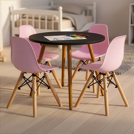 Mesa Infantil Preta 60cm + 4 Cadeiras Eiffel Rosa
