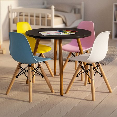 Mesa Infantil Preta 60cm + 4 Cadeiras Eiffel Colorido