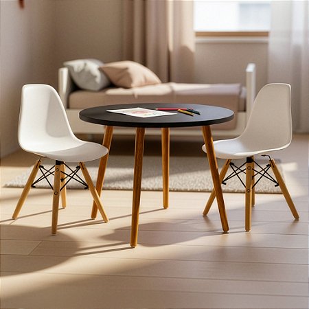 Mesa Infantil Preta 60cm + 2 Cadeiras Eiffel Brancas