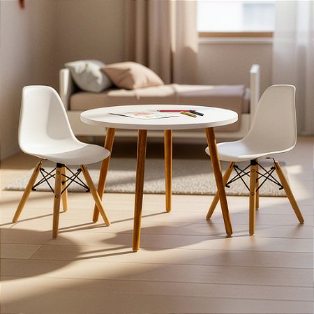 Mesa Infantil Branca 60cm + 2 Cadeiras Eiffel Brancas