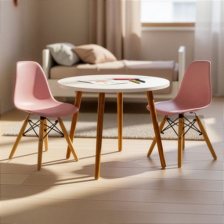 Mesa Infantil Branca 60cm + 2 Cadeiras Eiffel Rosa