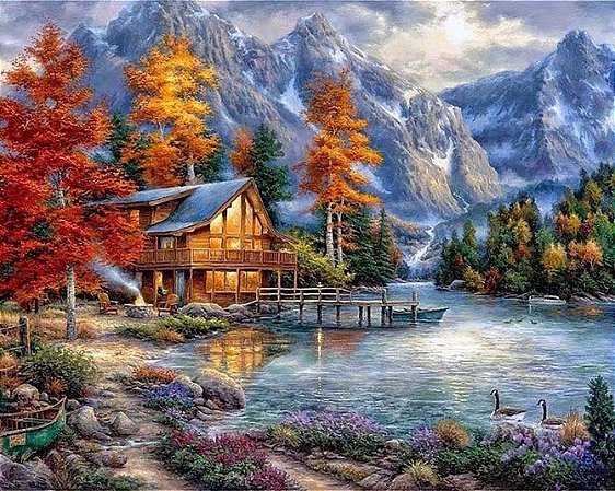 Pintura Numerada Casa no Lago Tecido Pincéis e Tintas Y5898