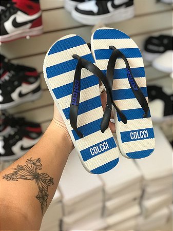 Chinelo Listrado Azul e Branco