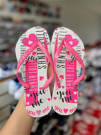Chinelo Santa Lolla You Me-Rosa e Branco