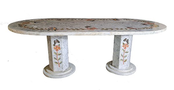 Mesa 2,20x1,10 oval em mosaico de mármore Carrara Ref. 9236