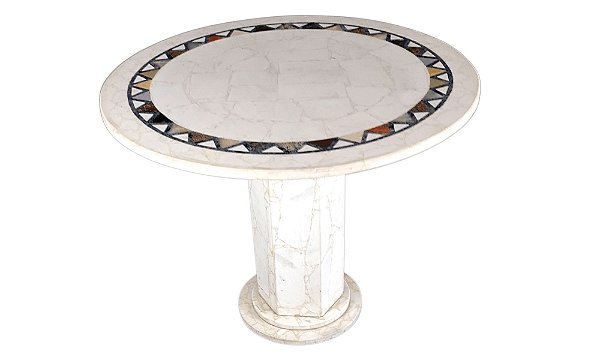 Mesa 1,00Ø em Mosaico de Mármore Branco Piguês e Mármores Nacionais.