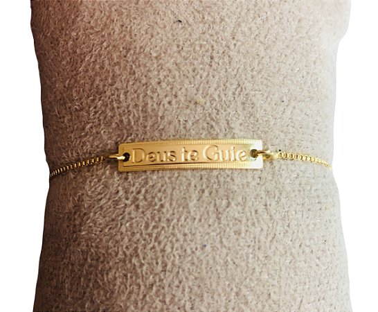 Pulseira Ajustável com a Plaquinha Escrita Deus te Guie, banhada a ouro 18k