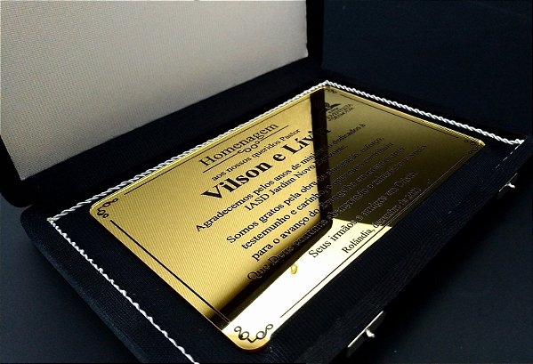Placa de Homenagem em Acrílico Espelhado Dourado 185mmX130mm c/ Estojo Preto 240mmX180mm (SKU 0000000602891)