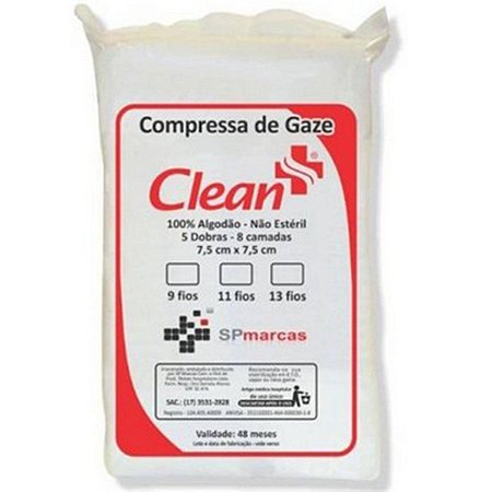 Compressa de Gaze Clean 11 Fios  7,5cmx7,5cm Não Estéril