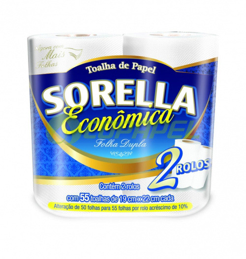 Papel toalha branco p/ cozinha pacote c/ 2 rolos de 55 folhas 19x22cm Sorella Economico