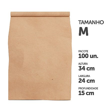 Saco Papel Kraft Liso p/ Delivery Tamanho M 34 x 24 x 15cm c/ 100 unid.