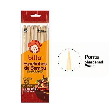 Espetinho de madeira Bambu p/ churrasco 25cm x 4mm pct c/ 50 un FSC Billa