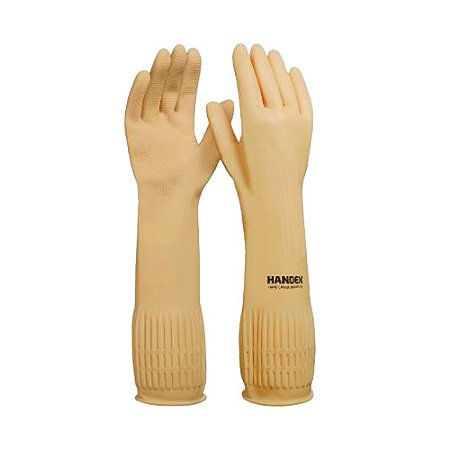 Luva de látex Ranhurada Bege Multiuso p/ proteção de agentes c/ antiderrapante tam G 1par Handex Ref HX030T09E001
