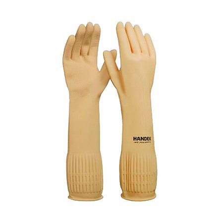 Luva de látex S/ Ranhura Bege Multiuso p/ proteção de agentes c/ antiderrapante tam P 1par Handex Ref HX030T07E001