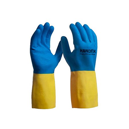 Luva de Látex Bicolor Azul/Amarelo Tamanho M 1par Handex Ref. HX026T08E001