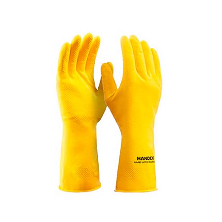 Luva de látex Multiuso Amarela p/ trabalhos leves c/ antiderrapante tam EG 1par Handex Ref HX010T10E001
