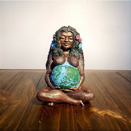 Estátua Deusa Gaia Mãe Terra em Resina 16cm – Acabamento Bronze Rústico