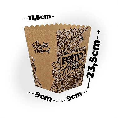 Caixa Kraft para Pipoca e Salgadinhos Feito com Amor G (9x23,5x11,5cm) - Pacote com 50 unidades