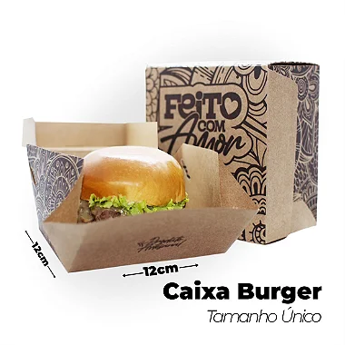 Caixa Hambúrguer Feito com Amor (12x12x7,2cm) - Pacote com 50 unidades