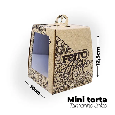Caixa Kraft para Mini Torta Feito com Amor (10x10x12,5cm) - Pacote com 50 unidades