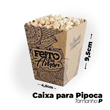 Caixa Kraft para Pipoca e Salgadinhos Feito com Amor P (4,5x6x9,5cm) - Pacote com 50 unidades