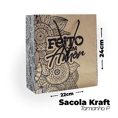 Sacola Kraft Feito com Amor P (22x24x9cm) - Pacote com 50 unidades