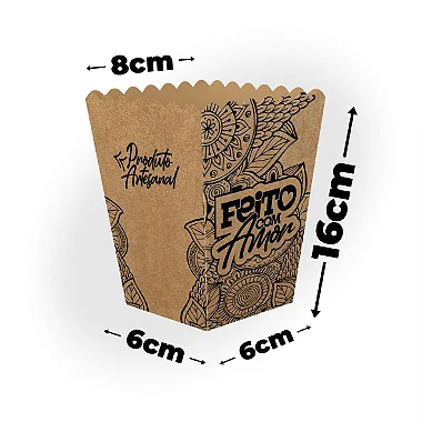 Caixa Kraft para Pipoca e Salgadinhos Feito com Amor M (6x16x8cm) - Pacote com 50 unidades
