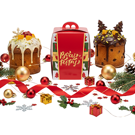 Caixa para Mini Panetone/Torta de Natal "Boas Festas" (10x12.5x10cm)