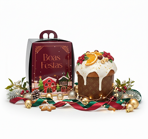 Caixa para Mini Panetone/Torta de Natal "Boas Festas" (10x12.5x10cm)