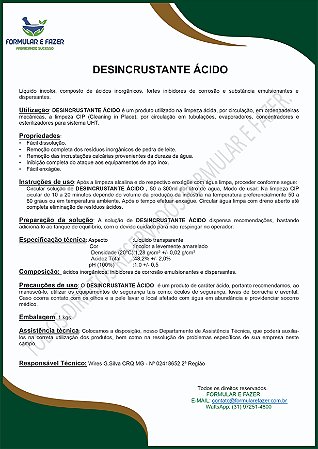 FORMULAÇÃO DESINCRUSTANTE ÁCIDO