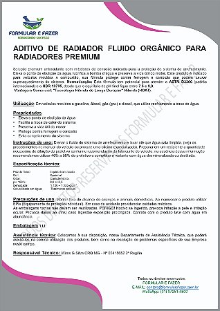 FORMULAÇÃO ADITIVO DE RADIADOR FLUIDO ORGÂNICO PARA RADIADORES PREMIUM