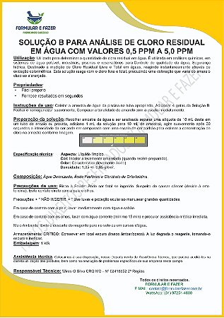 FORMULAÇÃO SOLUÇÃO B PARA ANÁLISE DE CLORO RESIDUAL EM ÁGUA COM VALORES 0,5 PPM A 5,0 PPM