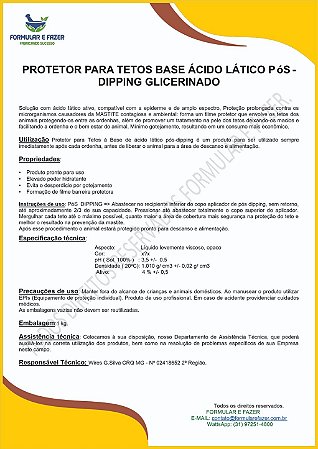 FORMULAÇÃO PROTETOR PARA TETOS BASE ÁCIDO LÁTICO PÓS-DIPPING GLICERINADO
