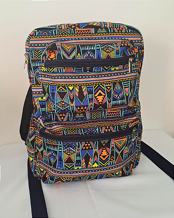 Mochila Saramago - Étnico colorido com azul marinho