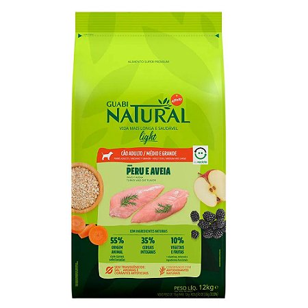 Ração Guabi Natural Cães Adultos Raças Médias, Grandes e Gigantes Light Sabor Peru e Aveia 12kg