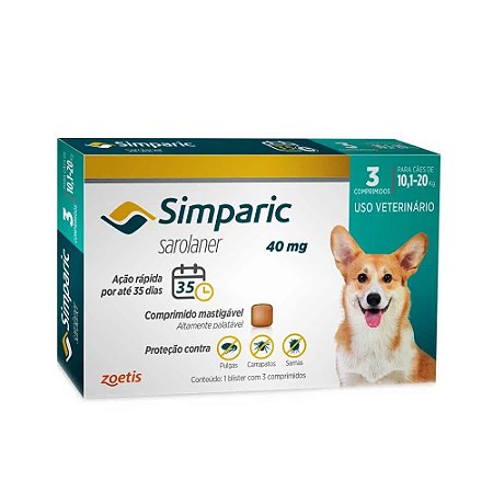 Simparic Antipulgas e Carrapatos Oral Cães 40Mg Azul 10.1 A 20Kg 3 Tabletes
