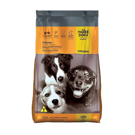 Ração Three Dogs Original Cães Filhotes Raças Médias e Grandes Sabor Frango, Carne e Arroz