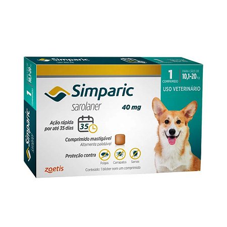 Simparic Antipulgas e Carrapatos Oral Cães40Mg Azul 10.1 A 20Kg 1 Tablete
