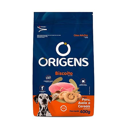 Petisco Origens Biscoito Cães Adultos Sabor Peru, Aveia e Cereais 400g