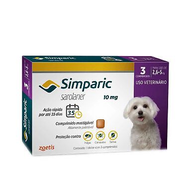 Antipulgas e Carrapatos Zoetis Simparic Oral Cães 10Mg Roxo 2.6 A 5Kg 1 Tablete