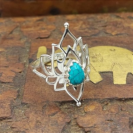 Anel Prata 925 vintage Flor de Lótus com Turquesa - Índia