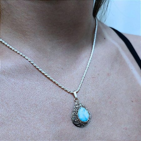 Pingente Prata 925 Bali com pedra natural Larimar - Incrível