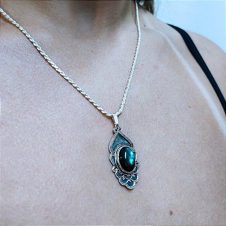 Pingente Indiano Prata 925 - Pedra Labradorita - Mandala - Maravilhoso