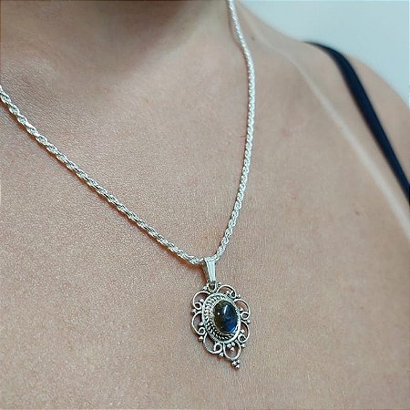Pingente Indiano Prata 925 - Pedra Labradorita - Mandala